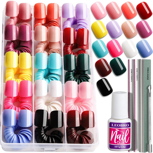 LEOBRO Short Press on Nails 360PCS Fit Nicely & Natural Glossy Press on Nails Short Square Lightweight Short Fake Nails Press on False Nail Full Cover 15 Colors Short Press on Nails 12 Sizes/Color