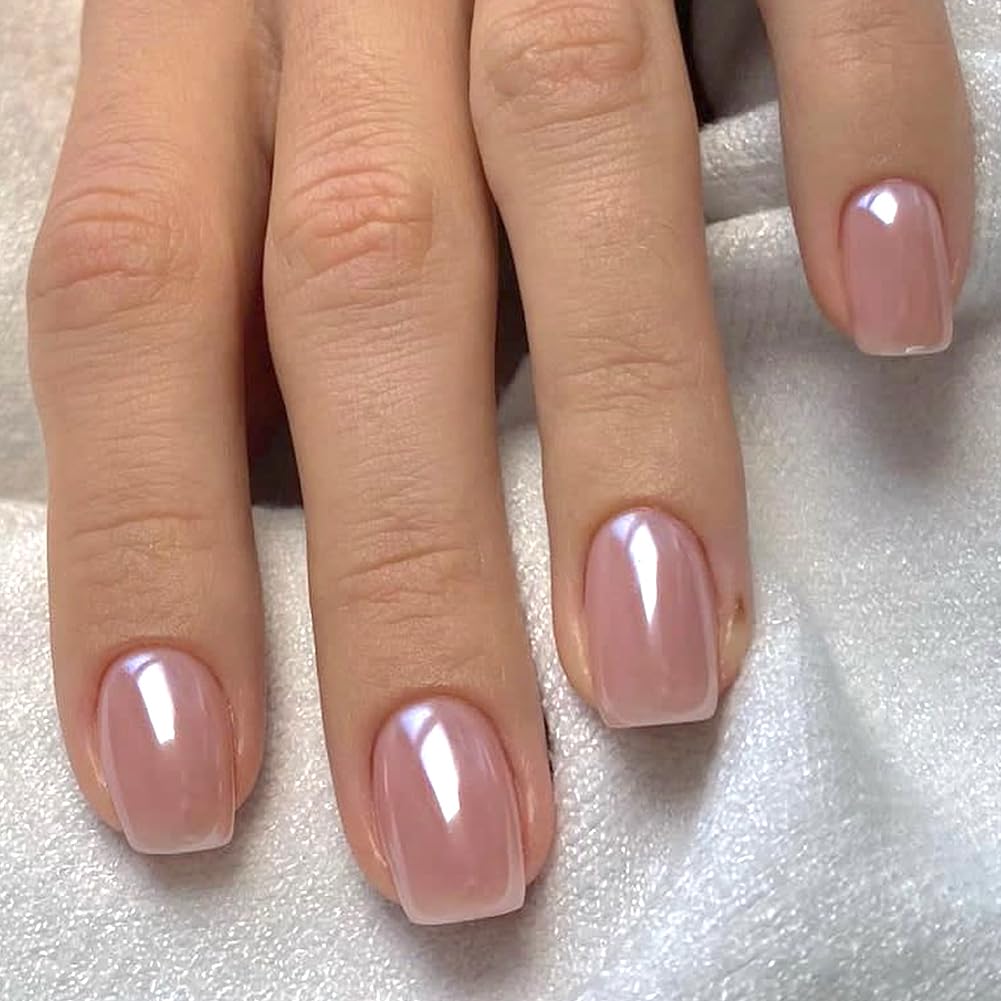 Press On Nails Short，Acrylic Nails Press on ，Short Square Press on Nails Fake Nails Glossy False Nails with Chrome Press ons Fashion Designs Artificial Nails Stick on Nails for Women Girls 24Pcs