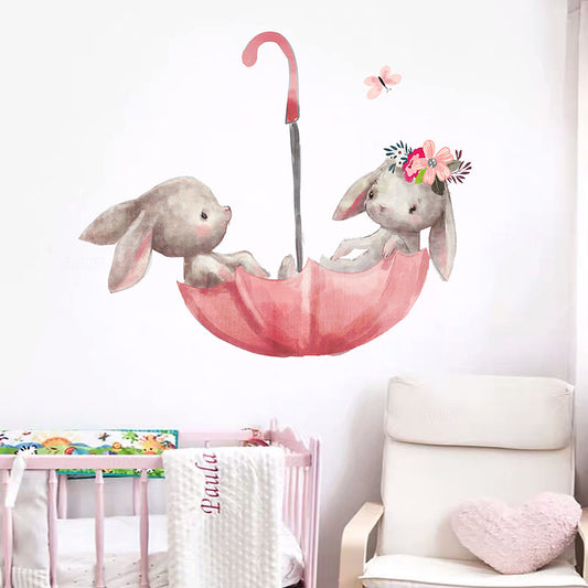Pink Umbrella Bunnies Wall Stickers for Kids' Room
